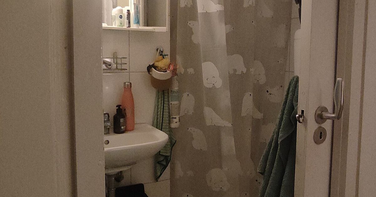 Small bathroom with a toilet beside a shower curtain
